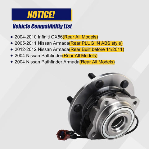 Rear Wheel Bearing And Hub Assembly Drop In Direct Fit For 2004 2010 Infiniti QX56 Rear Models, 2005 2012 Nissan Armada And 2004 Nissan Pathfinder Rear With ABS And 6 Lug Bolts