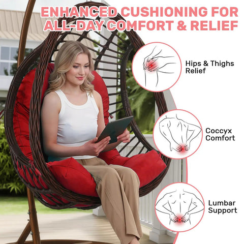 Egg Chair Cushion Replacement For Hanging Chairs Outdoor Waterproof Cover Cushioned Wicker Hammock Swing Pad For Patio Thick Plush Comfort With High Elastic Filling And Breathable Shredded Foam Red installed in a chair with a woman sitting.