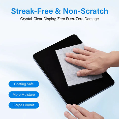 Hand using Streak Free Crystal Clear Electronic Wipes For Screens Pre Moistened Screen Cleaner Wipes on a tablet screen