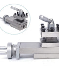 Industrial swing lathe tool post assembly with clamp bolts and handle on metal base