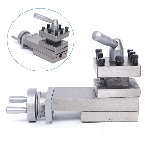 Industrial swing lathe tool post assembly with clamp bolts and handle on metal base