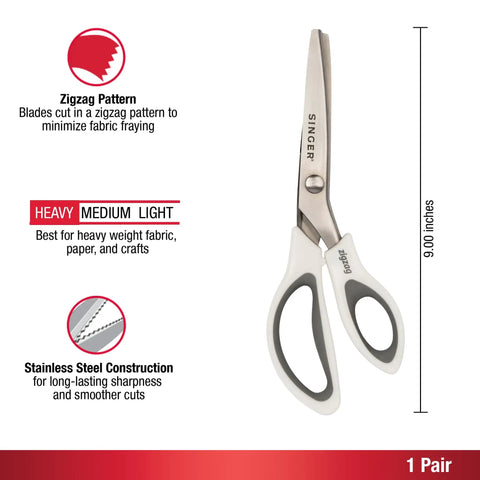 ProSeries 9 Inch Pinking Shears With No Fray Zigzag Edge Heavy Duty Stainless Steel Blades White Soft Grip Handle For Easy Pain-Free Fabric Cutting And Fray-Free Seams, side view