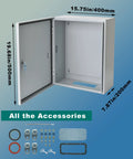 Heavy Duty Waterproof Electrical Enclosure 20X16X8 Inches Outdoor Weatherproof Junction Box, opened, showing interior dimensions and accessories.
