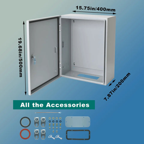 Heavy Duty Waterproof Electrical Enclosure 20X16X8 Inches Outdoor Weatherproof Junction Box, opened, showing interior dimensions and accessories.
