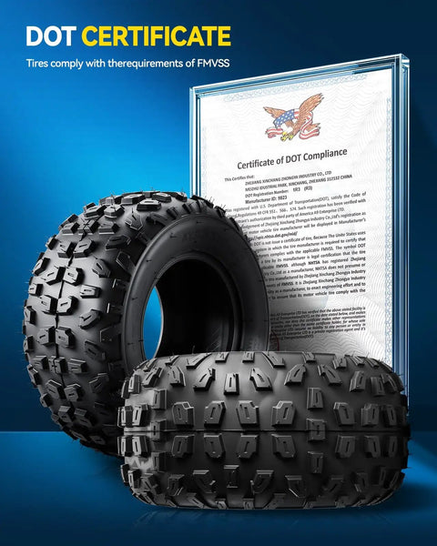 145/70-6 ATV UTV Go Kart Tires, 4-Ply Mud-Ready All-Terrain Off-Road Tires Set of 2 displayed with DOT compliance certificate