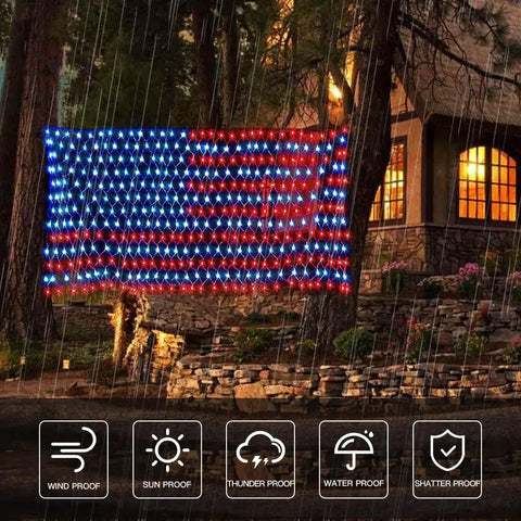 Lit Patriotic Outdoor Flag Lights With 420 LED, Waterproof American Flag Net Lights, 8 Modes, hung on trees in rain