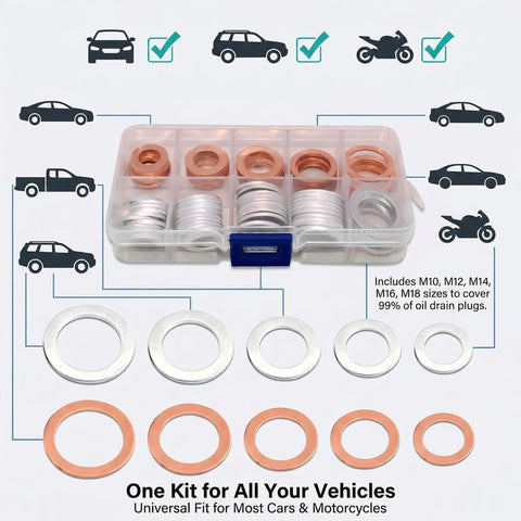 Oil Drain Plug Gasket Set, 100 Piece Crush Washer Kit, Copper And Aluminum, M10 M12 M14 M16 M18, flat ring sealing washers in box
