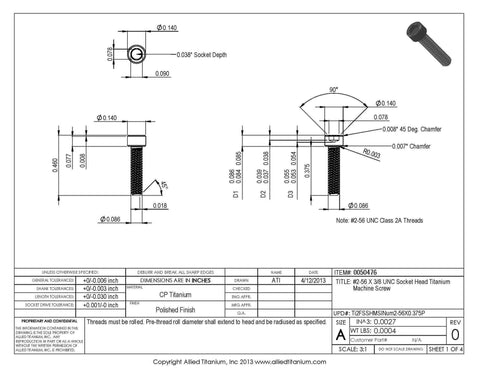 Engineering drawing of Pack Of 25 Titanium Socket Head Cap Screws 2-56 By 3/8 Inch Grade 2 CP True Titanium Stronger And Lighter Corrosion Free Saltwater Ready Polished Finish Meets ASME B18 3 For Durable High Strength Assemblies.