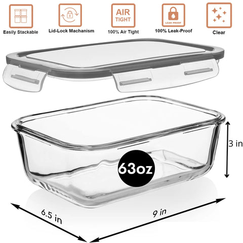 Side view of Large 63 Oz Glass Storage Set with Locking Lids, featuring 8 cup container dimensions, and clear airtight lid.