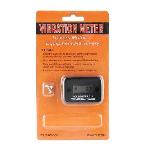 Vibration Activated Hour Meter For Gas And Diesel Engines Generators Lawn Mowers And More With Digital LCD Display No Wiring Needed Plug And Play Activation For Quick Setup And Accurate Run Time Tracking. Packaged black vibration meter with LCD display and screws