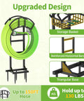 Garden Water Hose Holder And Freestanding Hose Reel Rack With Storage Basket Heavy Duty Metal Stand With 5 Spikes For Patio Yard And Lawn Holds 151 Feet Of Hose Black, showing design features and hose capacity.