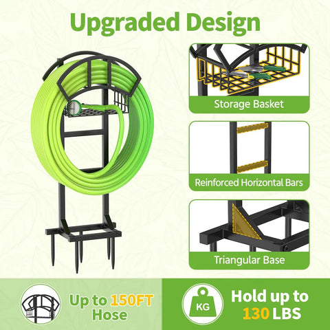 Garden Water Hose Holder And Freestanding Hose Reel Rack With Storage Basket Heavy Duty Metal Stand With 5 Spikes For Patio Yard And Lawn Holds 151 Feet Of Hose Black, showing design features and hose capacity.