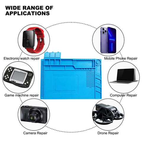 Pro Grade Heat Resistant Solder Pad With Anti Static Magnetic Silicone Large Workbench Pad For Electronics Repairs shown with gadgets