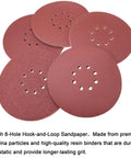 9 Inch Drywall Sanding Discs Set With Hook And Loop Backing, 8 Hole, showing red sandpaper discs with dust holes