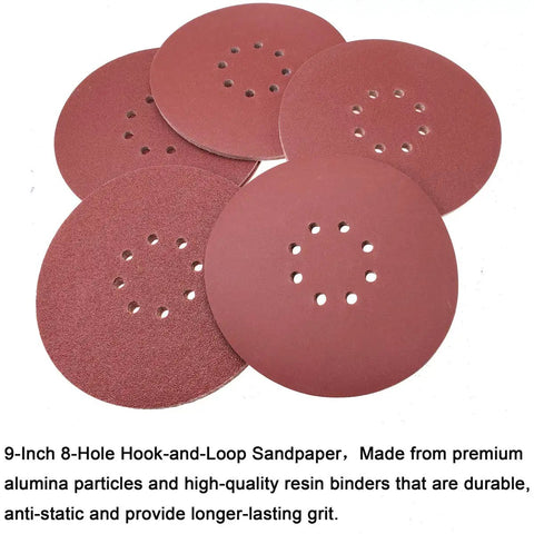 9 Inch Drywall Sanding Discs Set With Hook And Loop Backing, 8 Hole, showing red sandpaper discs with dust holes