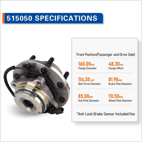 Front Wheel Hub Bearing Assembly Compatible With Ford Explorer 2002 To 2005 Lincoln Aviator Mercury Mountaineer 5 Lugs With ABS Premium Direct Fit Replacement next to specifications chart