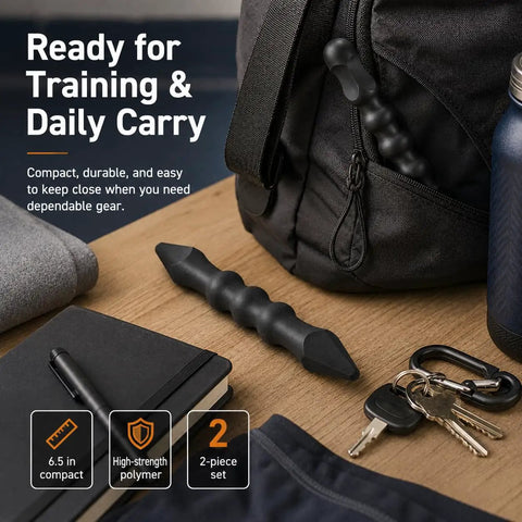 2-Pack Yawara Stick Set 6.5 Inch High Impact Polymer for self defense on table with bag, keys, and notebook