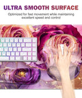 Ultra Large Gaming Mouse Pad Desk Mat With 4 In 1 Ergonomic Wrist Rests And Coaster Set XXL Keyboard Wrist Rest Mouse Pad Combo For Home Office Marble Rose Purple Flowers Design with hand using mouse.