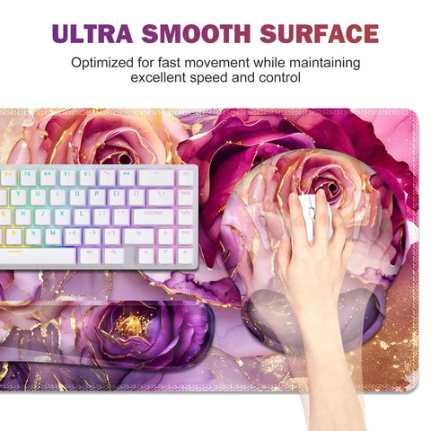 Ultra Large Gaming Mouse Pad Desk Mat With 4 In 1 Ergonomic Wrist Rests And Coaster Set XXL Keyboard Wrist Rest Mouse Pad Combo For Home Office Marble Rose Purple Flowers Design with hand using mouse.