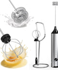 Rechargeable Handheld Milk Frother With Stainless Steel Stand Three Speeds Electric Milk Whisk For Latte And Cappuccino Cordless Coffee Mixer With Type C Charging Easy One Touch Frothing For Barista Quality Drinks, showcasing the device and attachments with stand.