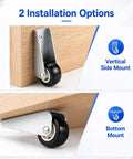 Two Piece Low Profile Caster Wheels With Rubber Non Slip Door Support Rollers Smooth Rolling Sliding Gate Glide Heavy Duty Silver Alloy Bottom Foot No Sweat Setup showing vertical side and bottom mounting options.