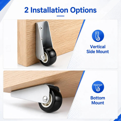 Two Piece Low Profile Caster Wheels With Rubber Non Slip Door Support Rollers Smooth Rolling Sliding Gate Glide Heavy Duty Silver Alloy Bottom Foot No Sweat Setup showing vertical side and bottom mounting options.
