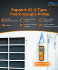 Two Channel Bluetooth Thermocouple Thermometer And Digital Temperature Data Logger for HVAC on AC unit, showcasing settings.