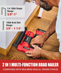 Cordless 18 Gauge Brad Nailer And Electric Stapler Duo With 2.0Ah Battery Charger Skip Tank Drama And Ready To Rock Bulk Fastener Kit in use, showcasing staple and nail range.