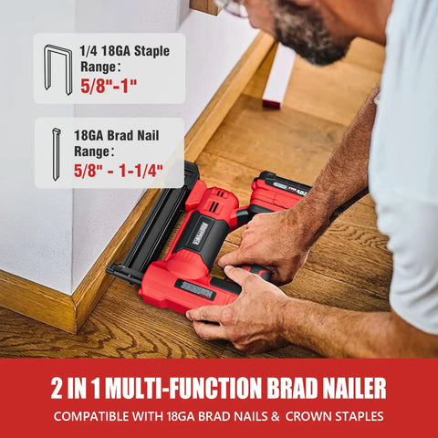Cordless 18 Gauge Brad Nailer And Electric Stapler Duo With 2.0Ah Battery Charger Skip Tank Drama And Ready To Rock Bulk Fastener Kit in use, showcasing staple and nail range.