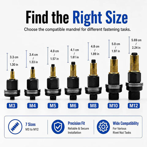 Pro Grade Heavy Duty Rivet Nut Tool Kit With Multi Size M3 To M12 Mandrel Set For Quick Fastening And Real Repairs, Carbon Steel Build, Includes Common Metric Rivnuts And Mandrels For Auto, Bike, And Metalworking Projects. M3 to M12 mandrels shown with sizes