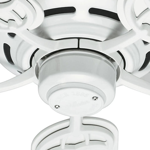 Close-up of Low Profile 52 Inch White Ceiling Fan With Pull Chain, Quiet Multi Speed Reversible Motor, Classic Dope Design