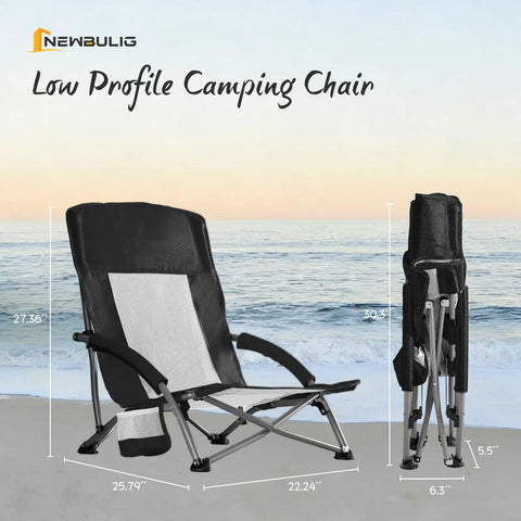Foldable Camping Beach Chair For Adults With Cup Holders on sand unfolded and folded next to ocean, low profile high back.
