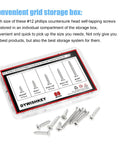 Sixty Piece Size Twelve Stainless Steel Wood Screw Assortment Kit With Countersunk Phillips Heads And Self Tapping Design in storage box.