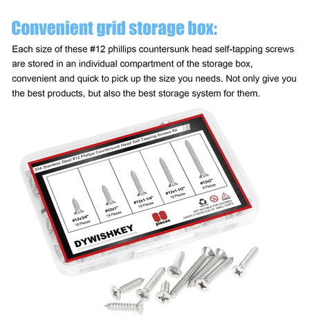 Sixty Piece Size Twelve Stainless Steel Wood Screw Assortment Kit With Countersunk Phillips Heads And Self Tapping Design in storage box.