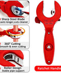 Red ratcheting tubing cutter for copper pipes; collage shows front view, side knob, and blade close-up with deburring tool