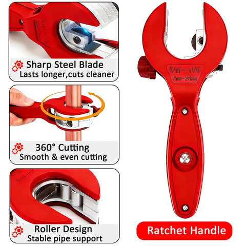 Red ratcheting tubing cutter for copper pipes; collage shows front view, side knob, and blade close-up with deburring tool