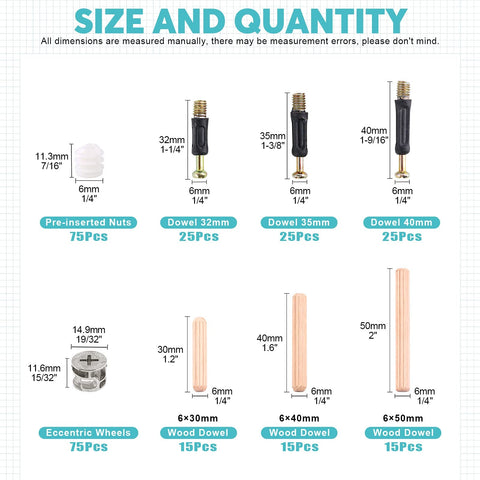 Furniture Connecting Hardware Kit With Cam Locks Dowel Pins And Pre Inserted Nuts And Screws 120 Piece Zinc Alloy Rust Resistant Assortment For DIY Woodworking And Assembly Made Easy size chart