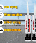 Heavy Duty Gray Concrete Crack Filler Self Leveling Waterproof Sealant Fast Curing Flexible Cement Repair Patch Kit For Driveways Walkways Rock Solid Fix For Cracks Up To 2 Inches Wide Fast Cure For Diy 2 Pack 10 1 Ounce Each in twin tubes with features highlighted.