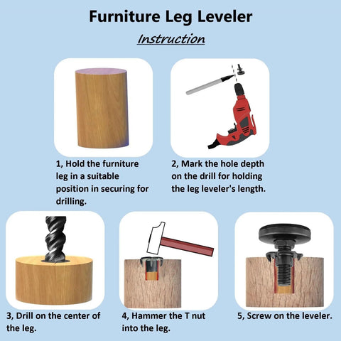 Instructional guide for installing Heavy Duty Adjustable Leveling Feet 4 Pack With Three Eighths Inch 16 UNC Threads Leg Levelers