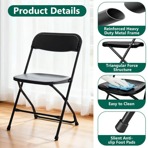 4 Pack Black Plastic Folding Chairs With Steel Frame For Outdoor Use No Fuss Portable Stackable Foldable Seating 350 Lb Capacity