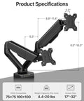 Heavy Duty Dual Monitor Arm Stand With Integrated USB Charging Ports Fits 17 To 32 Inch Screens Up To Nineteen Point Eight Pounds, product specifications image showing dimensions.