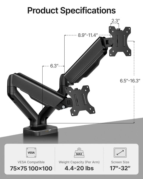 Heavy Duty Dual Monitor Arm Stand With Integrated USB Charging Ports Fits 17 To 32 Inch Screens Up To Nineteen Point Eight Pounds, product specifications image showing dimensions.