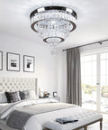 15.7 Inch Crystal Semi Flush Mount Ceiling Light With 2 Ring LED Chandelier Built In Non Dimmable LED Cool White 6500K Glow