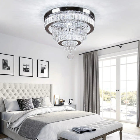 15.7 Inch Crystal Semi Flush Mount Ceiling Light With 2 Ring LED Chandelier Built In Non Dimmable LED Cool White 6500K Glow
