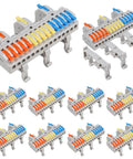 Premium Din Rail Terminal Blocks With No Sweat Quick Wiring Push In Connectors For 28 To 12 AWG Cables, ten pack with various colored levers.