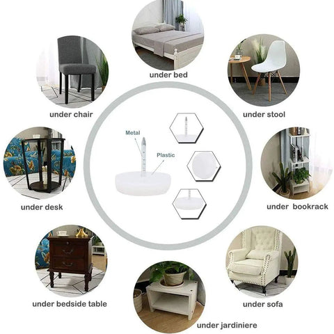 Heavy Duty White Nylon Furniture Sliders Nail On Chair Leg Protectors Floor Glide Pads With Bulletproof Grip Silky Smooth Glide Scratch Shield Table Guards 30 Pack displayed under various furniture.