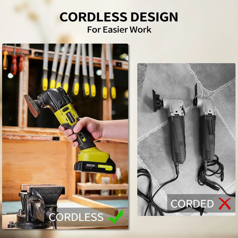 Cordless Brushless Oscillating Tool Kit With 20500 OPM 4 Degree Oscillating Angle Six Variable Speeds 20V Battery Powered 22 Piece Accessory Set For Cutting Grinding And Scraping Multi Tool For DIY Projects displayed next to corded tools in workshop.