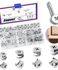 100 Piece Tough As Nails Cam Lock Furniture Connector Kit With Four Sizes For Rock Solid Bed Frame Setup showing zinc alloy connectors.