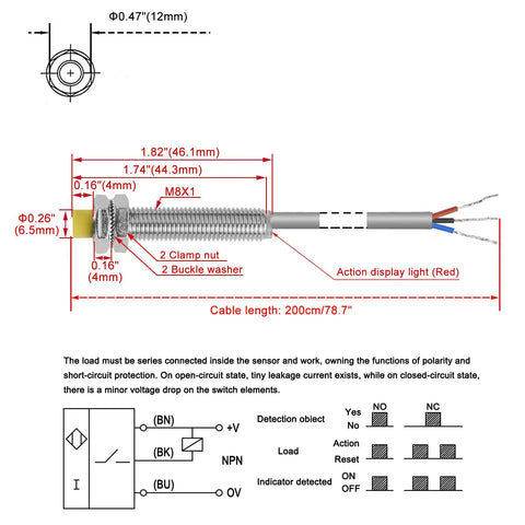 Technical diagram showing 4mm Inductive Proximity Sensor Switch M8 dimensions, wiring details, and specifications.