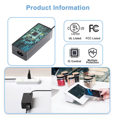 12V Replacement Power Cord For Mini C300 C400 Series WiFi Card Reader And Flex C401U Cradle K400 Starter Kit Base Power Cord Supply Ready To Plug In PWR YJ3PWR PK FSP040 RHBN2 shown with charging dock.
